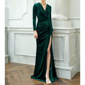 MIGEER Velvet Velour Long Sleeve Emerald Green Long Formal Dress Ruching Small
